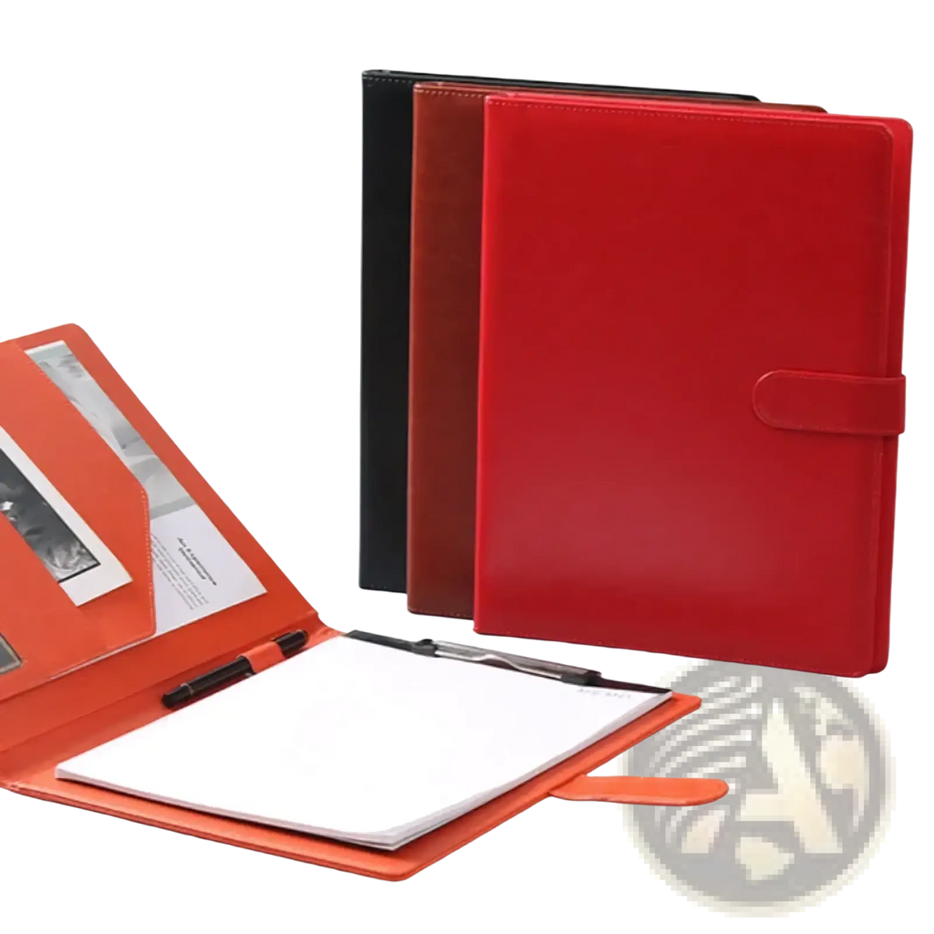 Bright orange pu leather a4 business portfolio with flap closure and interior pockets for pens paper and cards