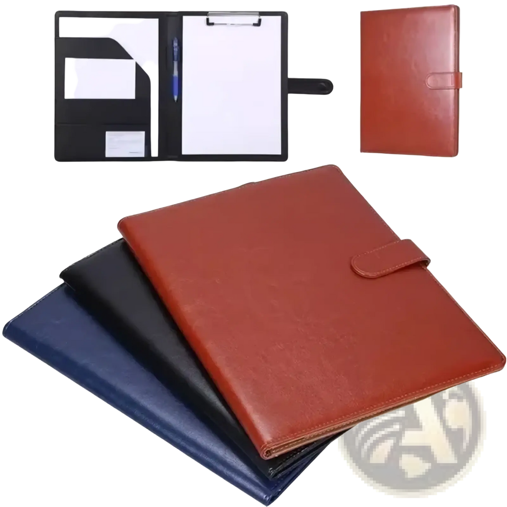 Brown leather-bound a4 pu leather business portfolio folder with strap closure and integrated clip for documents