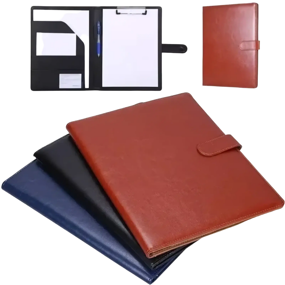 Brown leather-bound a4 pu leather business portfolio folder with strap closure and integrated clip for documents