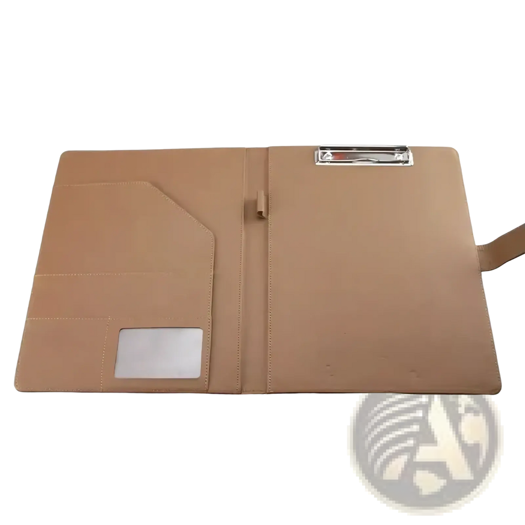 Tan pu leather A4 business portfolio and document folder with silver metal clip and matching strap for professional use