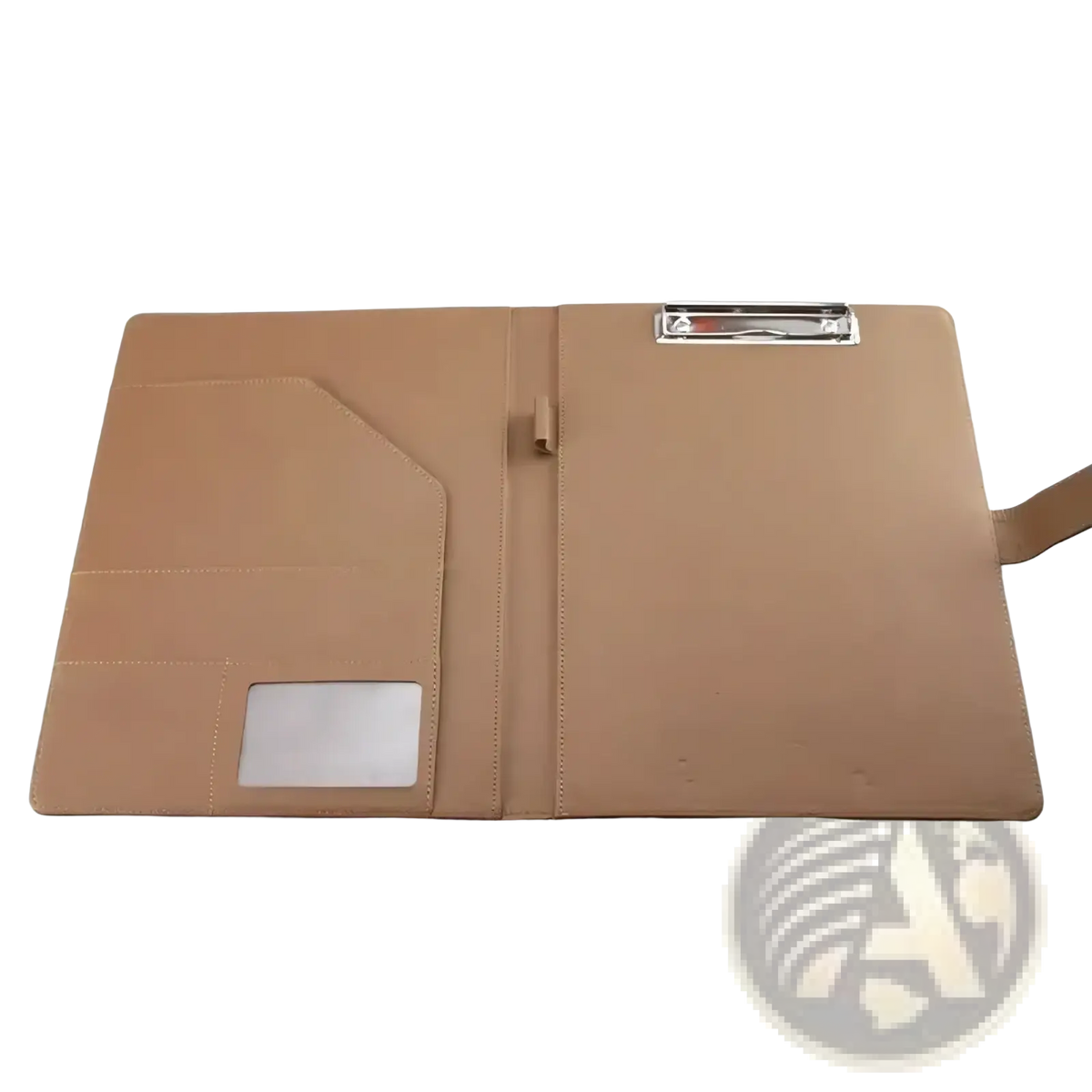 Tan pu leather A4 business portfolio and document folder with silver metal clip and matching strap for professional use