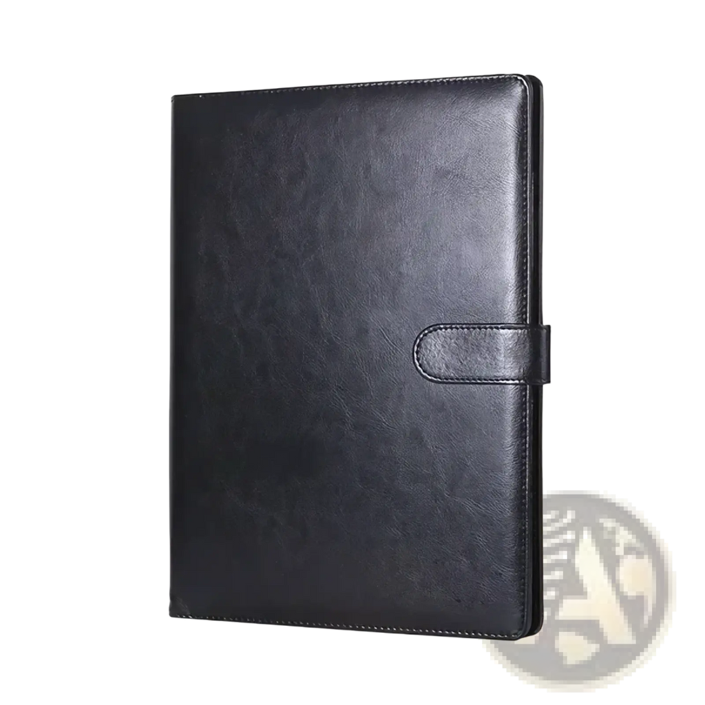 Black faux leather a4 conference folder with minimalist design and stitched edges for document organization