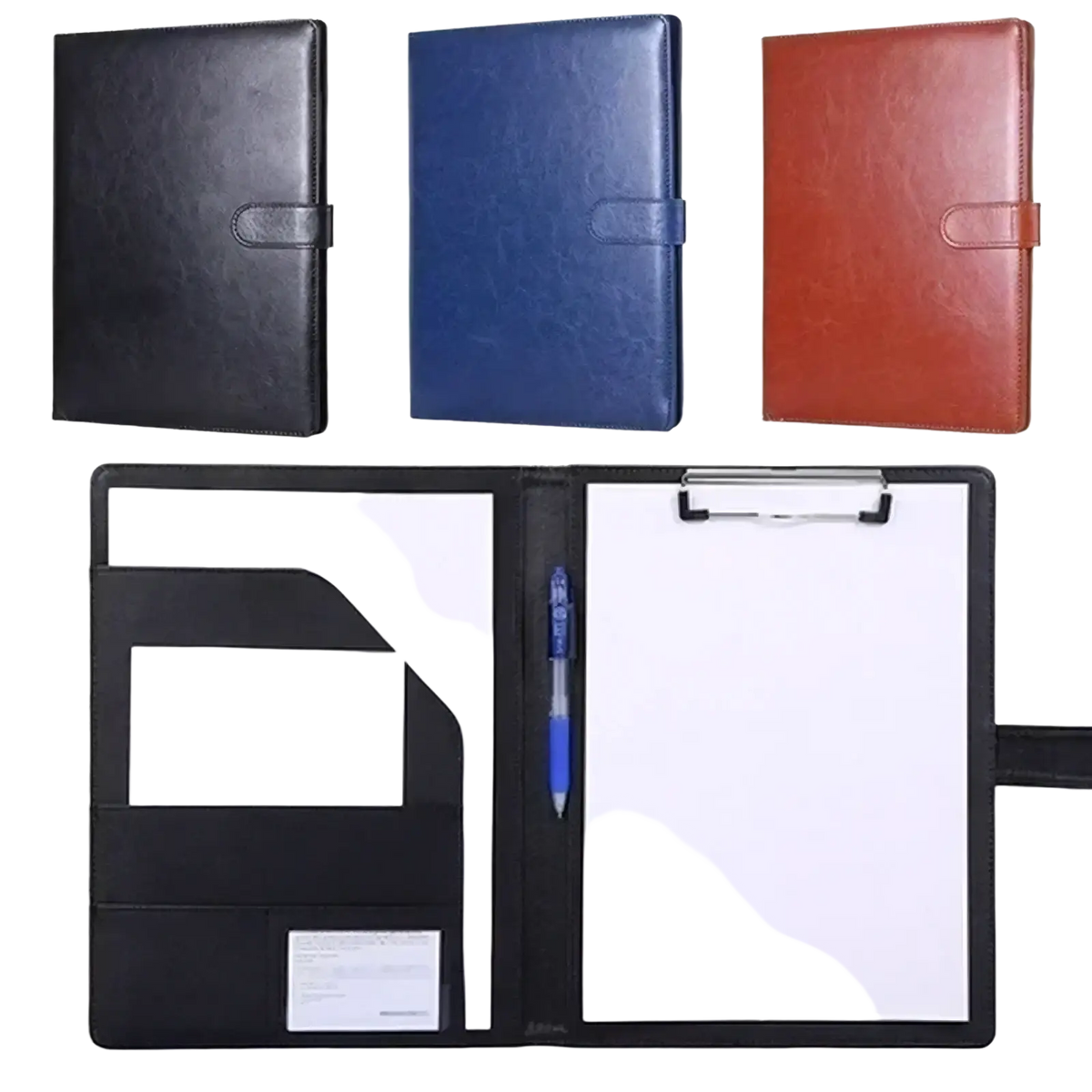 Black A4 pu leather conference folder with integrated clipboard and pen holder for document organization
