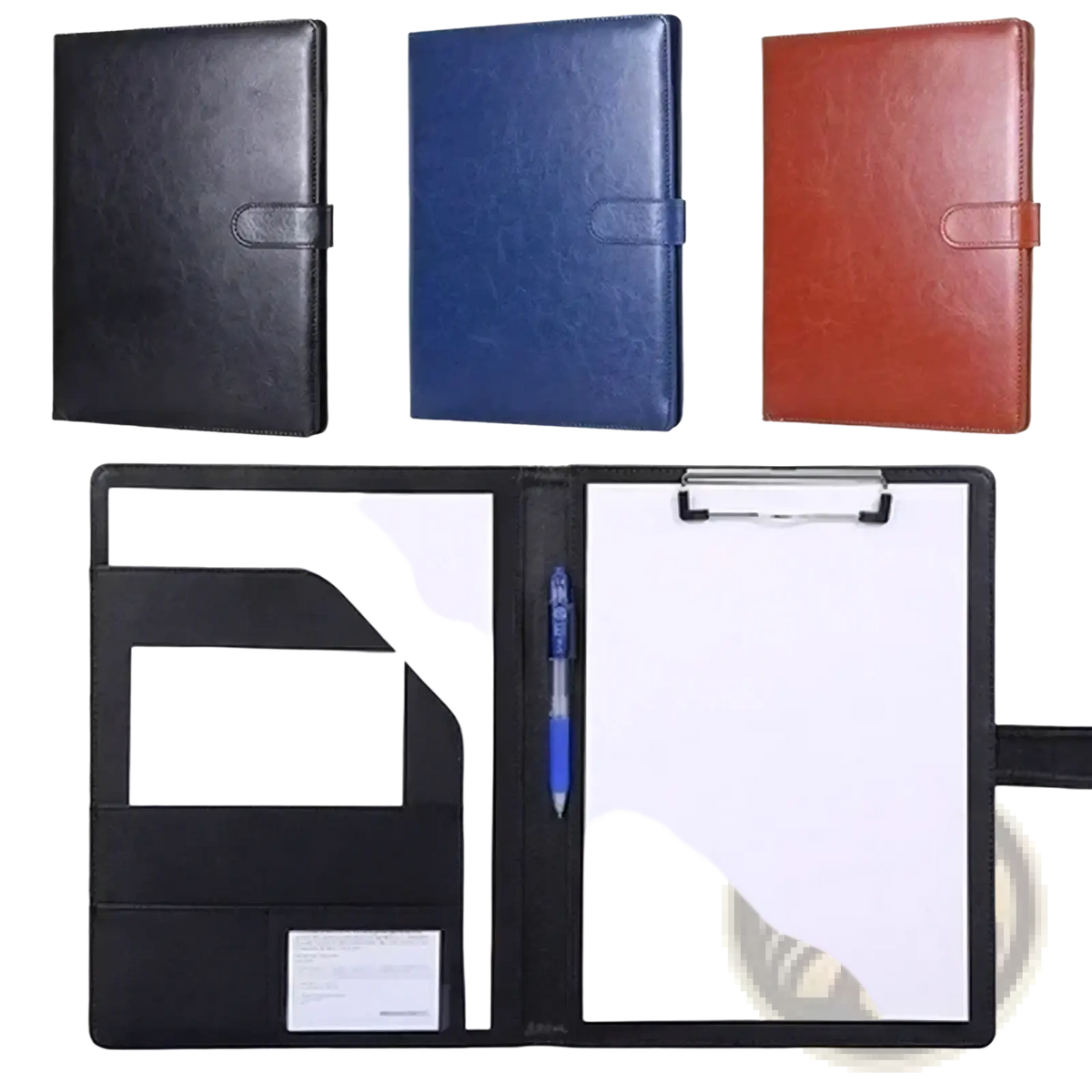 Black A4 pu leather conference folder with integrated clipboard and pen holder for document organization