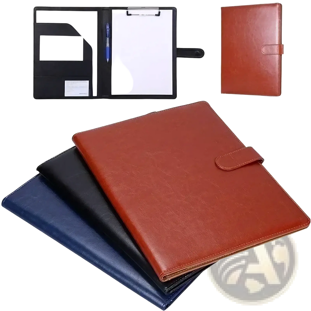 Brown leather-bound A4 pu leather conference folder with flap closure and stitched edges for document organization