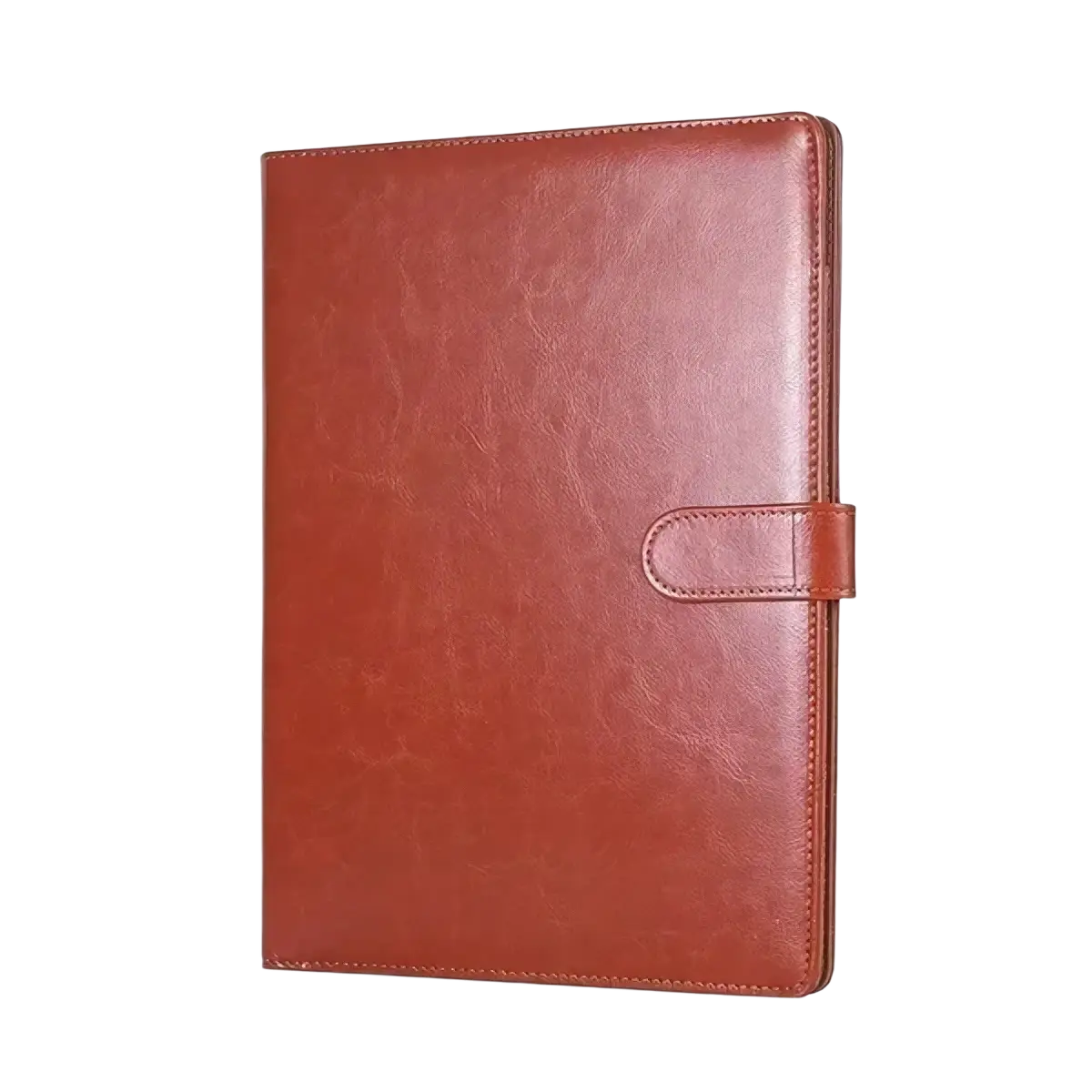 Brown leather-bound a4 pu leather conference folder with flap closure and stitched edges for document organization
