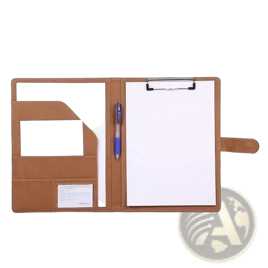 Brown pu leather a4 conference folder with integrated clipboard and pen holder for document organization