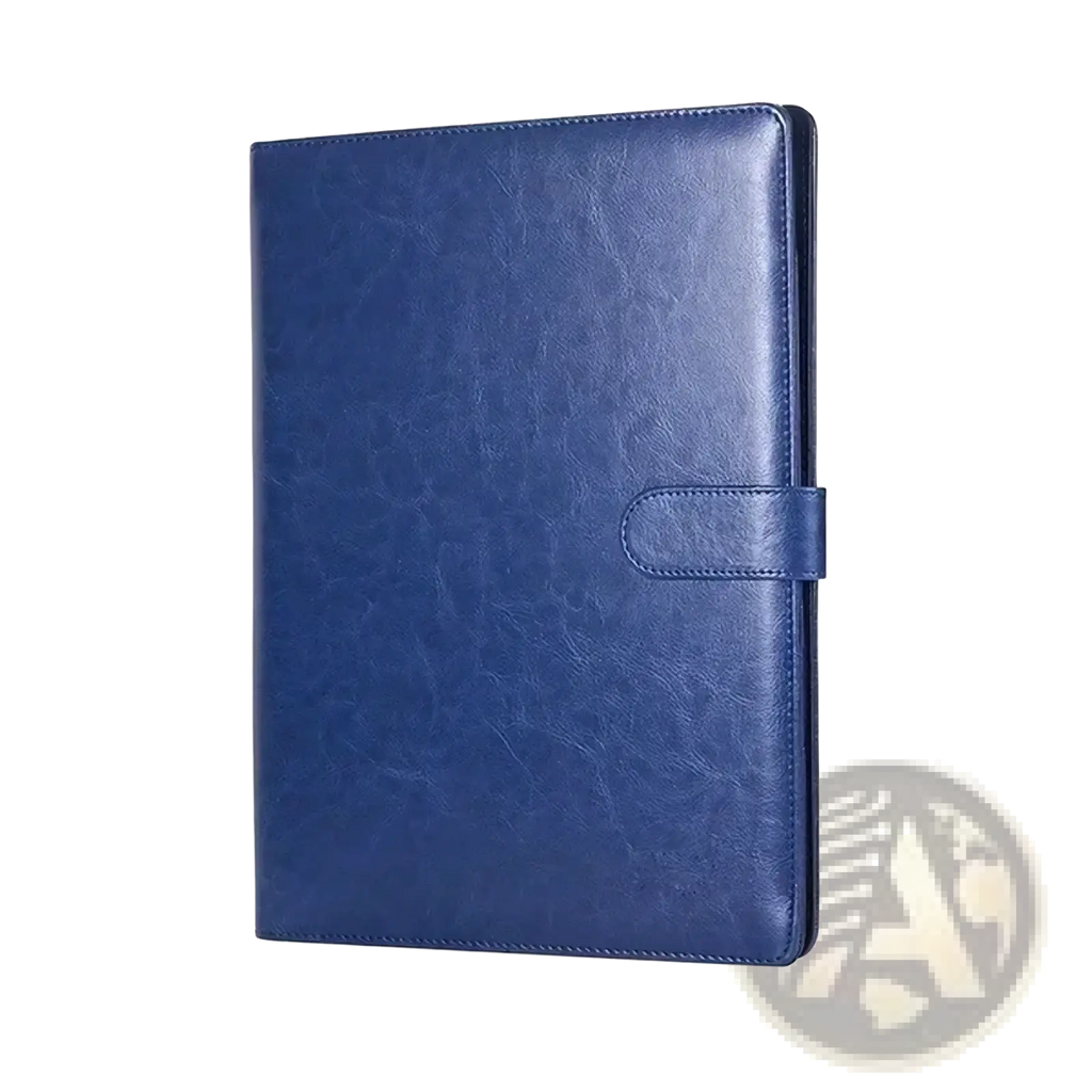 Deep blue pu leather a4 conference folder with minimalist flap closure and stitched edges for document organization