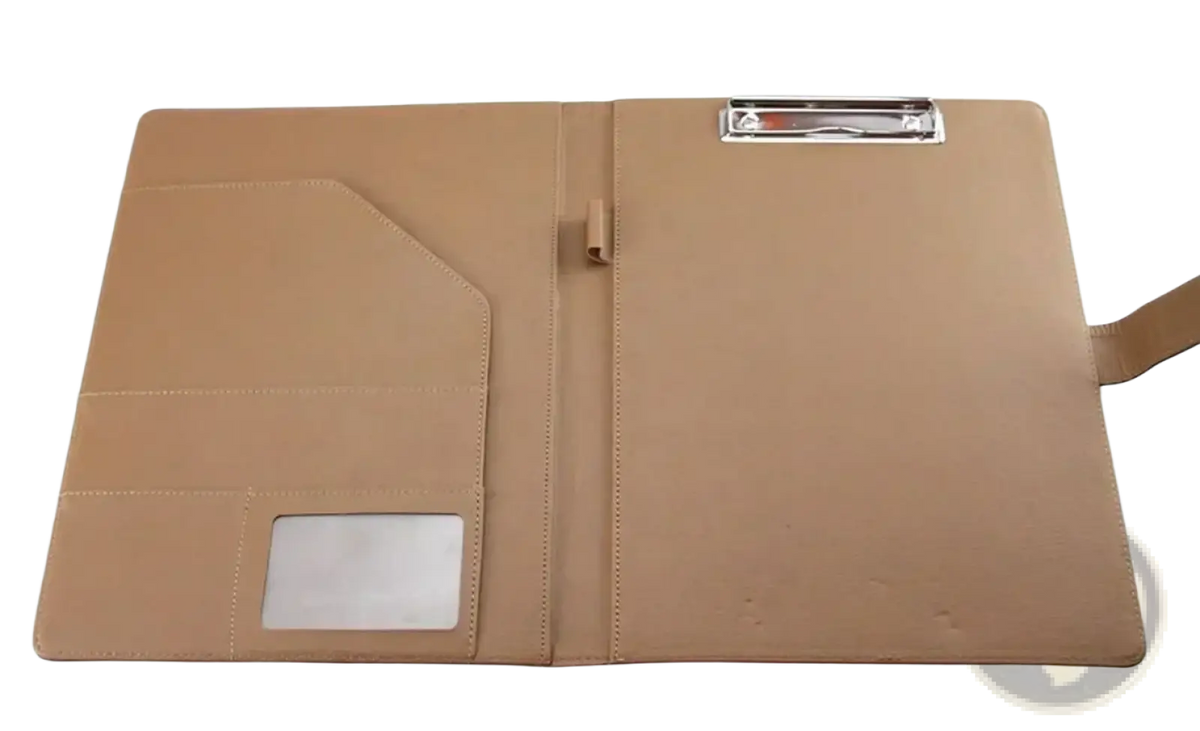 Tan pu leather A4 conference folder and document organizer with silver metal clip and stitched pockets