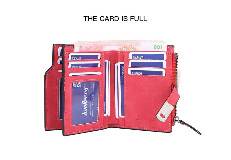 Red leather tri-fold women’s short faux leather wallet with multiple card slots and zipper closure.