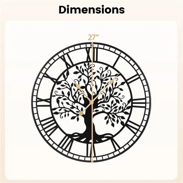 Horloge murale en métal noir présentant un design détaillé d’arbre de vie avec des chiffres romains et des aiguilles à tons dorés, mesurant 27 pouces.