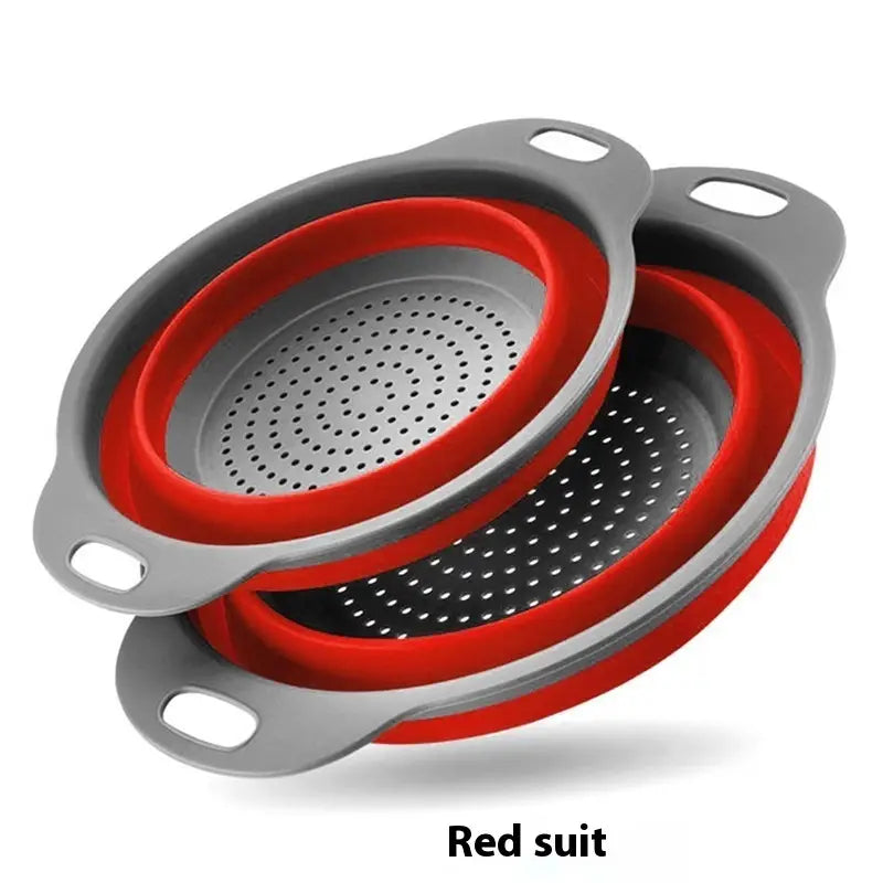 Red and gray collapsible silicone colander set for efficient draining and straining kitchen use