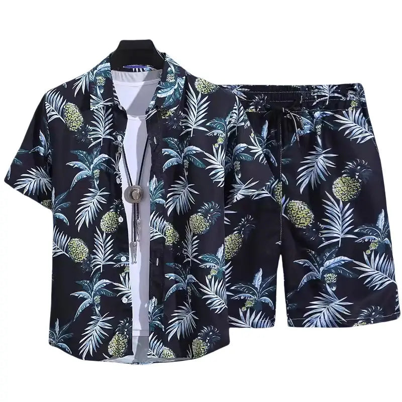 Black short-sleeved Hawaiian shirt and matching shorts set with a vibrant retro tropical print of green pineapples and white palm leaves.