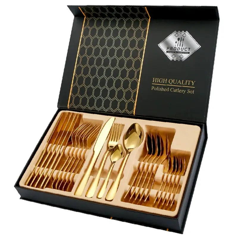 Rose gold stainless steel cutlery set 24 pieces with gold-finished polished utensils in an elegant black gift box featuring a honeycomb patterned interior.