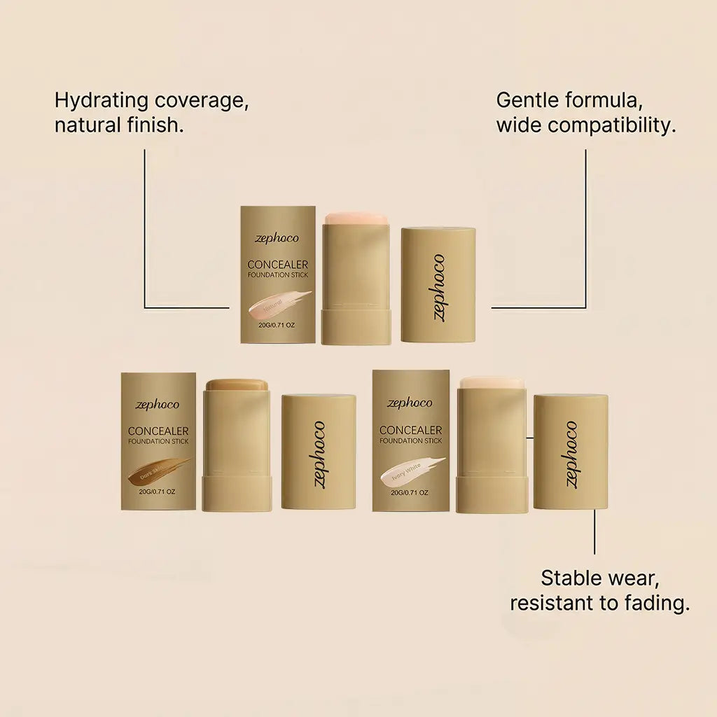 Beige cylindrical zephaco foundation sticks with matte gold caps and minimalist branding for natural concealing makeup.