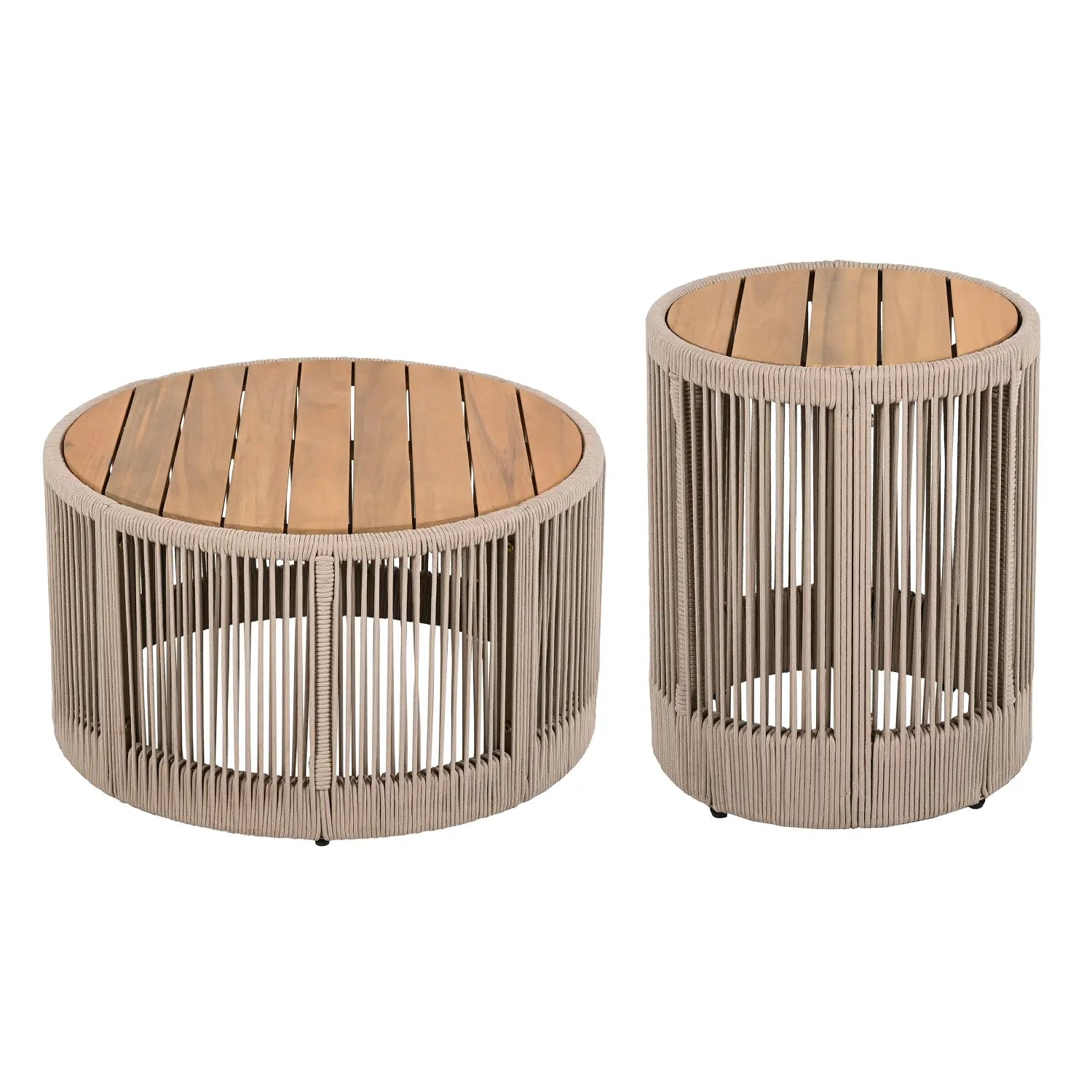 Two round outdoor side tables with woven beige rattan frames and light brown wooden slat tops in a rustic industrial table set woven rope coffee side table.
