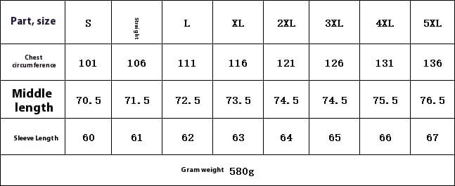 This size chart for the men casual slim fit cotton blazer jacket displays chest circumference and sleeve length measurements from size S to 5XL with an overall weight of 580 grams.