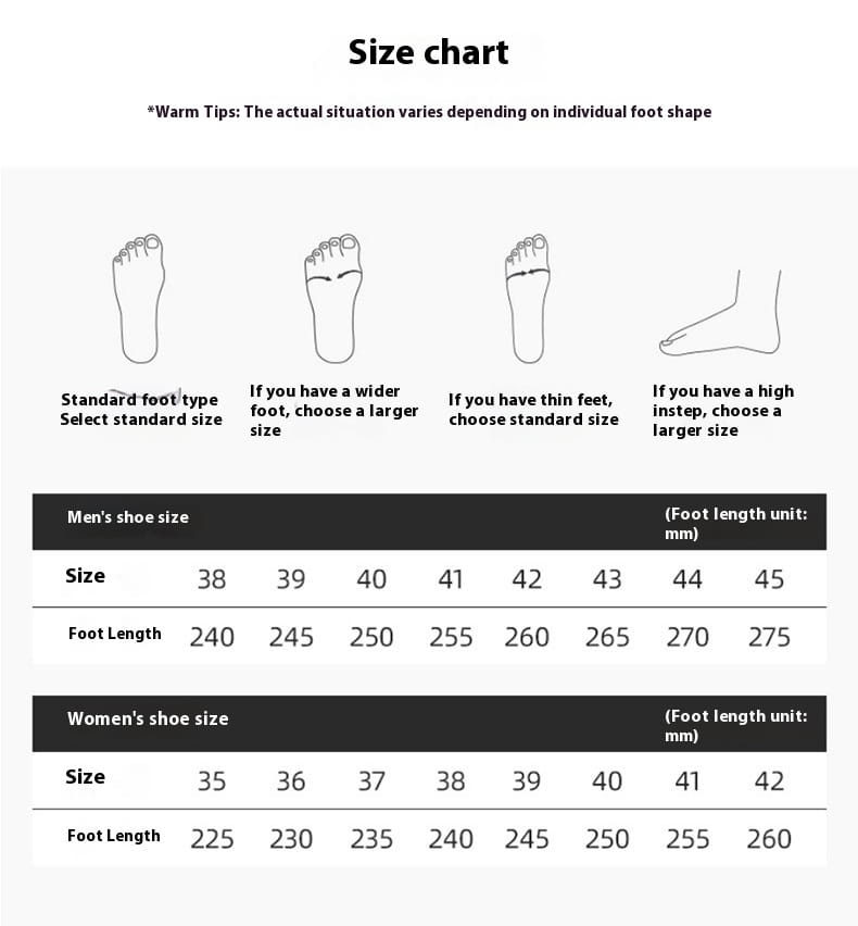 Un tableau des tailles détaillé pour les baskets décontractées pour hommes en mesh flyknit à coussin d’air, indiquant des mesures de longueur du pied en millimètres ainsi que les tailles de chaussures correspondantes pour les hommes et les femmes.