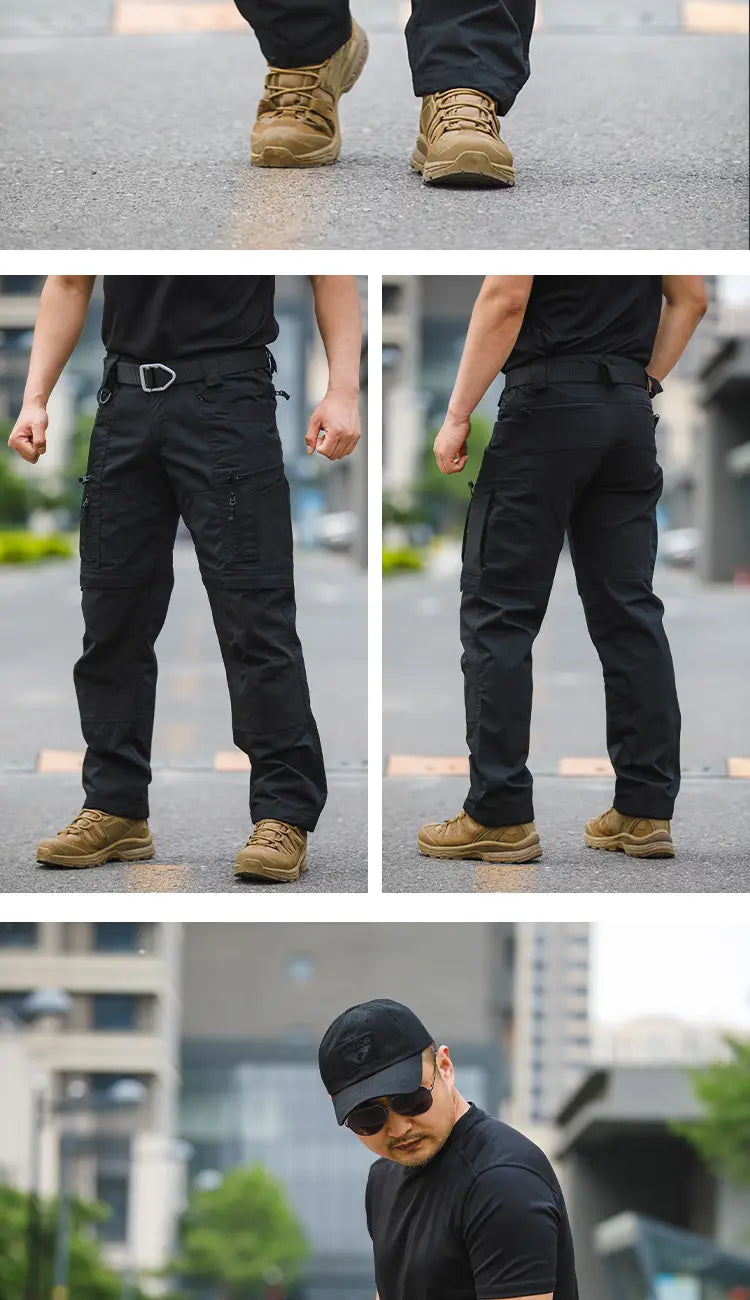 Black waterproof tactical hiking cargo pants featuring multiple pockets and a sturdy belt loop design.