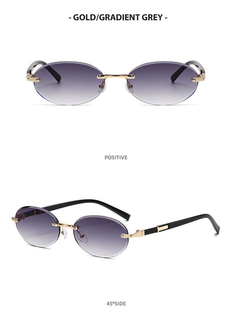Frameless oval uv400 fashion sunglasses feature gold-toned metal frames with gradient grey lenses and black temple arms.
