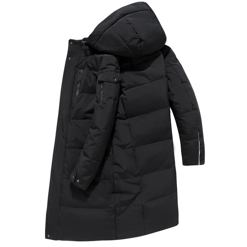 Herren-Langsteppjacke in schwarz mit Kapuze und Daunenfüllung für den Winter mit Frontreißverschluss und Vordertaschen, ausgelegt für kaltes Wetter.