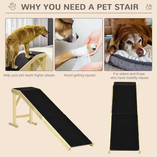 Escalier pour animaux de compagnie noir rembourré, avec un cadre en bois de couleur claire et une plateforme en tapis antidérapant pour accéder au lit