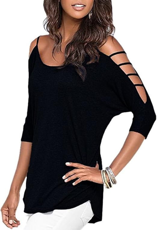 Black off-shoulder cut-out top featuring cold-shoulder design with three-quarter sleeves and straps.