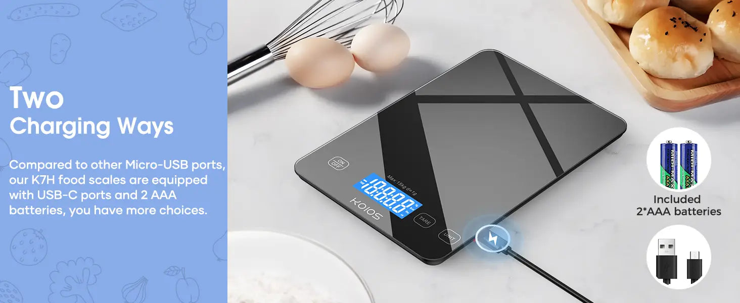 Black digital kitchen scale with sleek glass surface and blue led display designed for precise food measurement up to 15kg and rechargeable functionality.