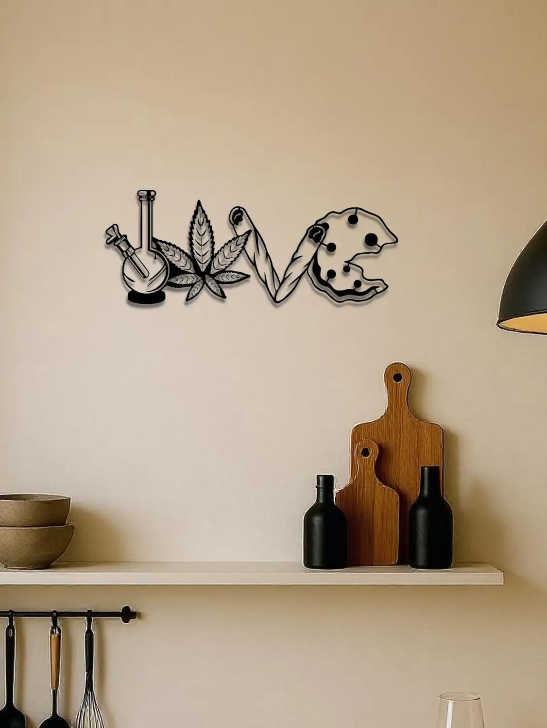 black metal wall art spelling love featuring a bong cannabis leaf and cookie design for home decor with 2 days shipping