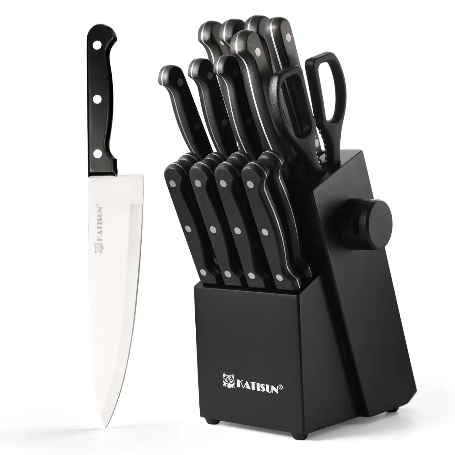 Juego de cuchillos de acero alemán Black katisun de 19 piezas con afilador, con mangos negros elegantes y hojas de acero inoxidable, en un bloque para cuchillos.