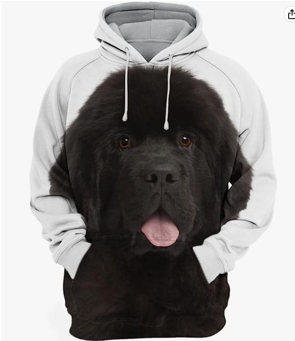 Homme sweat à capuche en pull-over imprimé 3D représentant un portrait de chien blanc, doté d’une image détaillée imprimée en 3D d’un chien Terre-Neuve noir, avec des yeux bruns et une langue rose.