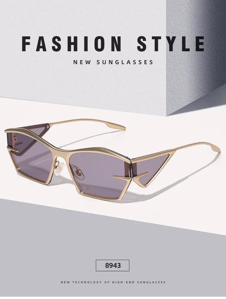 Geometric shield uv400 fashion sunglasses featuring gold-toned geometric frames with purple-tinted lenses and a modern angular design.