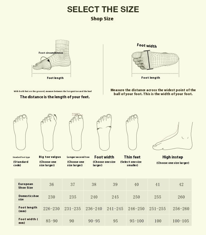 Size selection guide for women’s platform sport sandals with Velcro straps featuring diagrams and measurements in European and domestic shoe sizes with foot type categories.