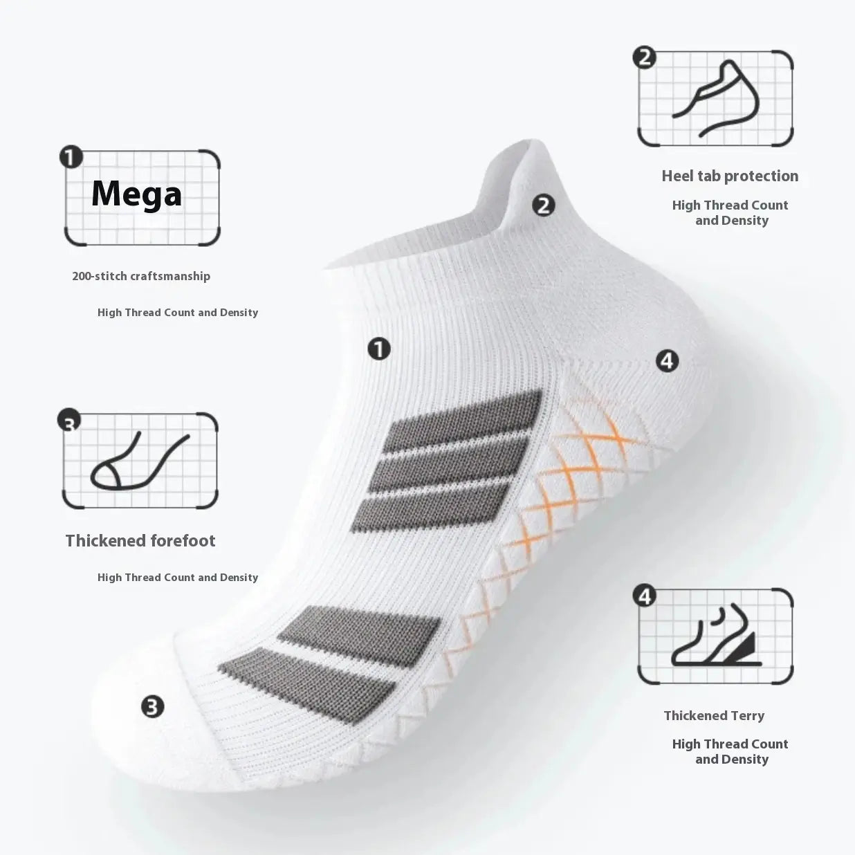 Chaussettes de sport athlétiques adidas pour homme blanches, avec détails de trois bandes grises, surpiqûres d’accent orange et lit de pied rembourré, conçues pour absorber la transpiration et offrir du confort.
