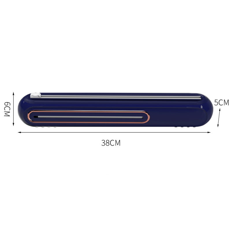 Navy blue compact hair straightener with rose gold accents and sleek modern design featured alongside magnetic cling film cutter and plastic wrap dispenser.