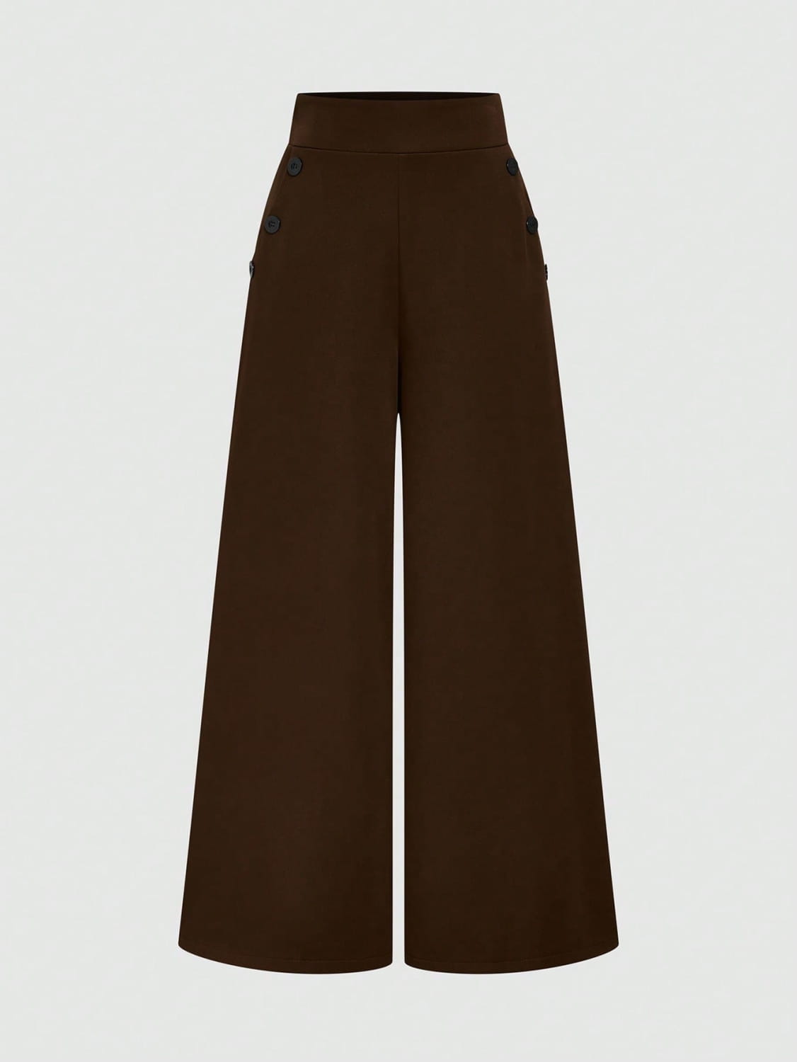 Pantalon ample taille haute marron avec détails de boutons noirs sur les côtés, conçu pour une tenue élégante et confortable.