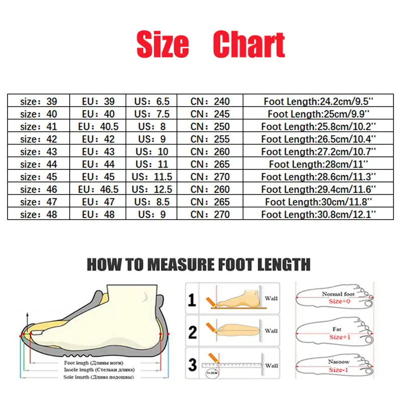 Size chart for mesh sneakers for men casual flying woven shoes displaying international shoe measurements and diagrams for measuring foot length.