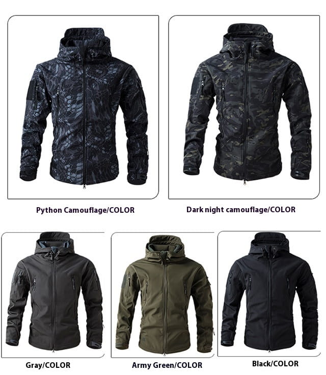 men’s waterproof tactical fleece soft shell jacket shown in multiple camouflage and solid color patterns including python camouflage dark night camouflage gray army green and black.