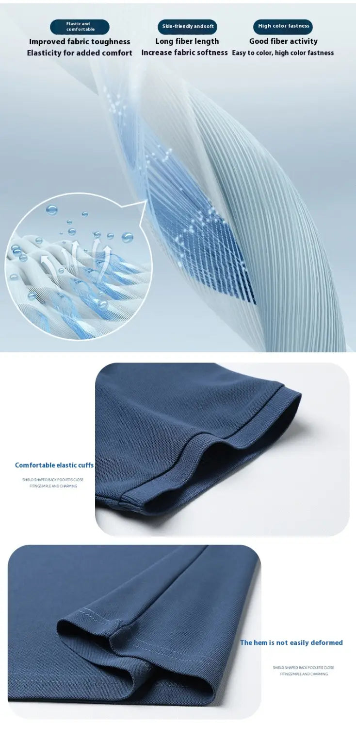 Detailaufnahme eines Herren-Poloshirts mit kurzem Ärmel in Dunkelblau aus elastischem Stoff mit elastischen Bündchen und einem nicht verformbaren Saum für lässige Sommerbekleidung.