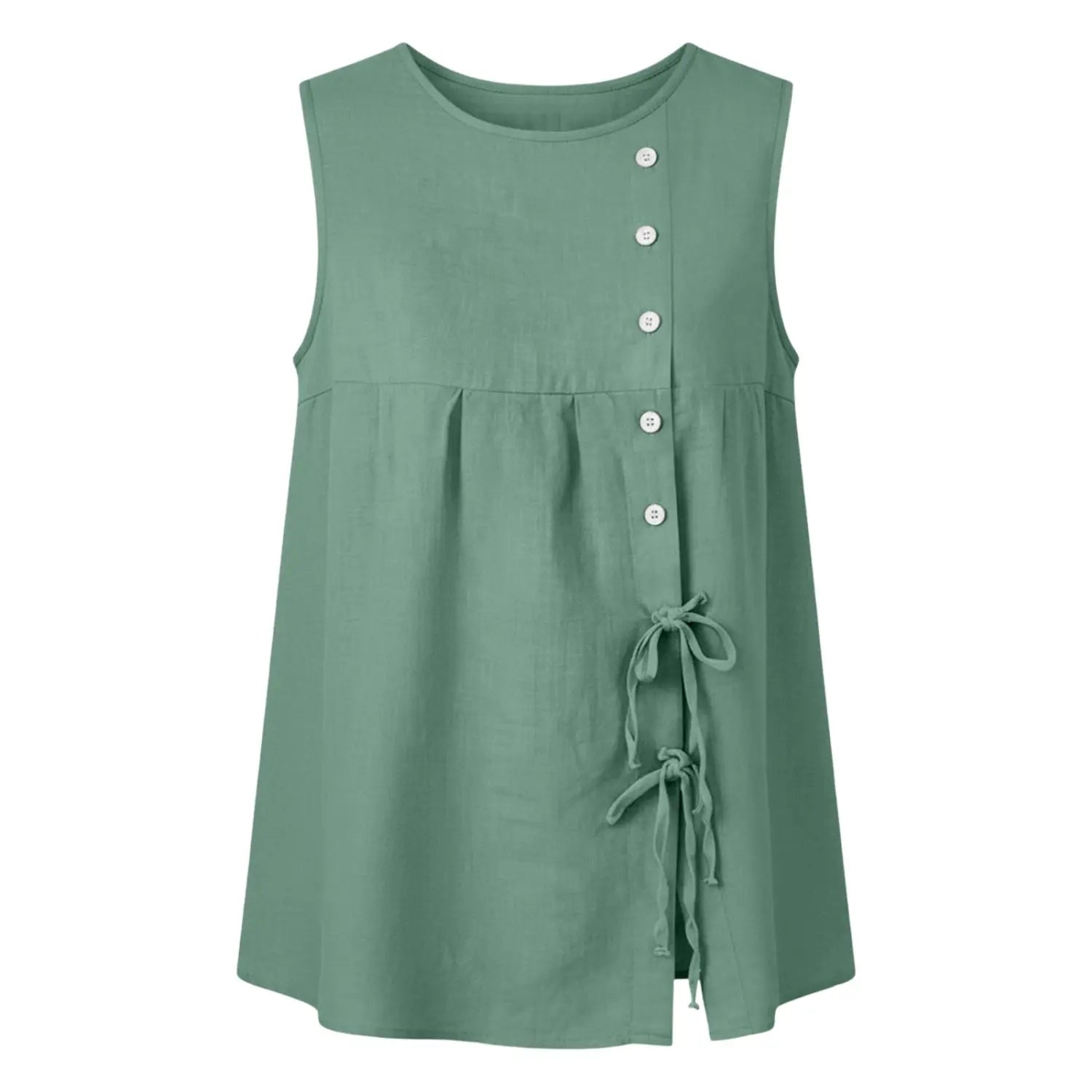 A soft sage green sleeveless tie side button down blouse with a round neckline, button closure down the front, and tied fabric details at the hem.