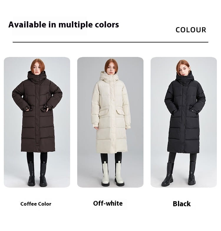 Manteau long matelassé à capuche pour femmes dans des tons blanc cassé et noir, conçu pour la chaleur et le style.