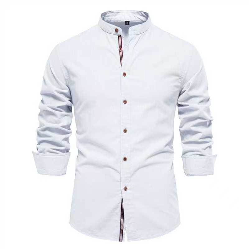 Men’s slim fit linen blend mandarin collar shirt in white with subtle striped trim along the placket and cuffs featuring dark brown buttons.