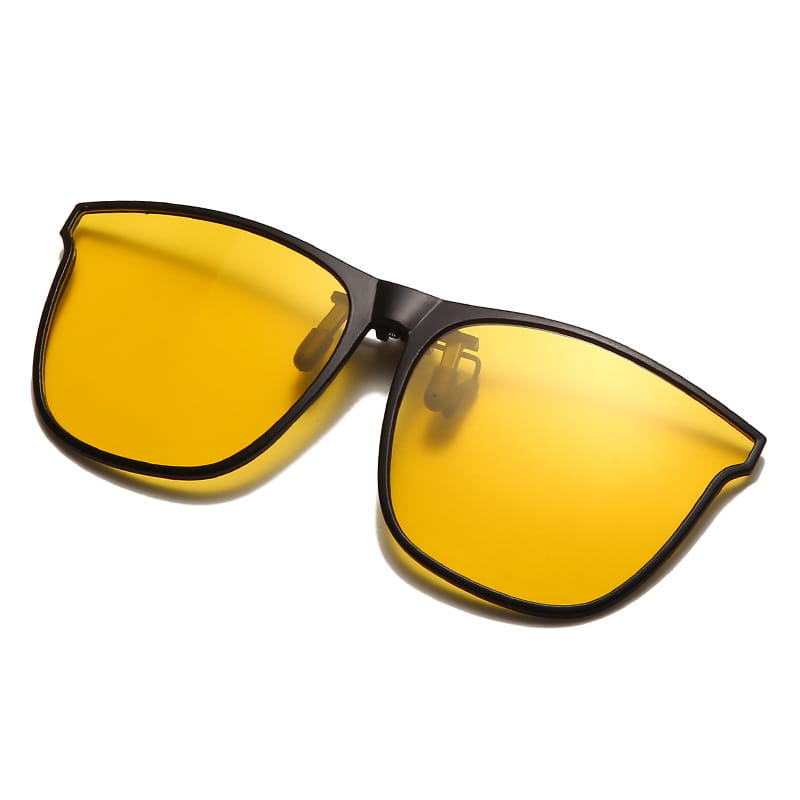 Black-framed polarized gradient photochromic magnetic clip-on sunglasses with vibrant yellow lenses.