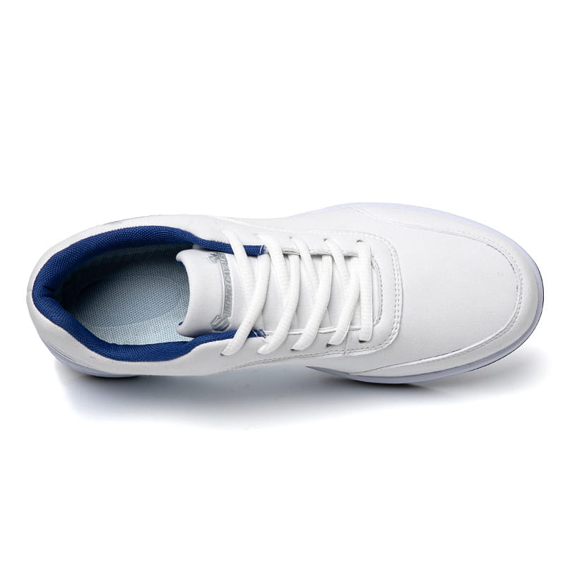 White strong cavalry breathable mesh casual athletic sneaker with navy blue accents on the collar and tongue featuring a sleek design