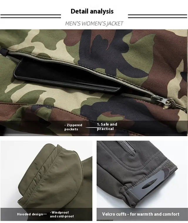 Men’s waterproof tactical fleece soft shell jacket in camouflage pattern featuring a hood, zippered pockets, and velcro cuffs for warmth.
