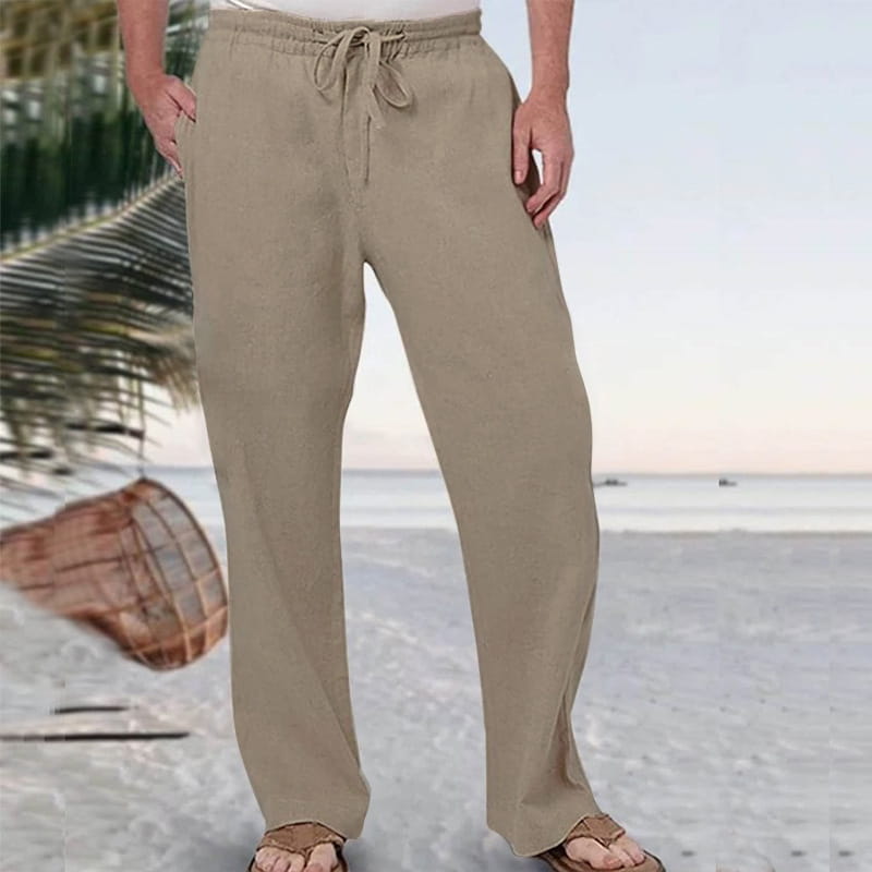 Beige linen drawstring men linen straight leg casual pants with a relaxed fit and side pockets.
