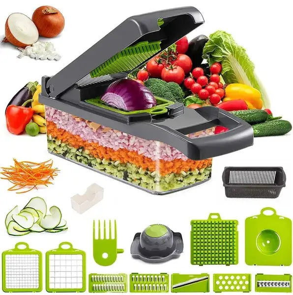 Black and green multi-functional 15 in 1 vegetable chopper and slicer with interchangeable blades for slicing dicing grating and shredding and a container for kitchen use.