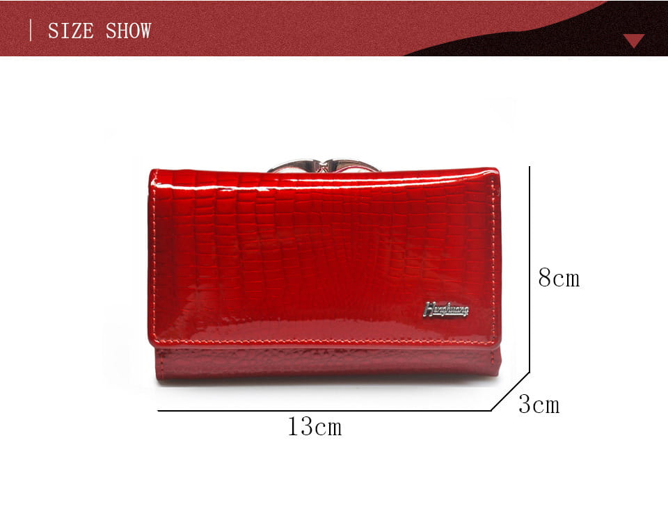 A glossy red retro crocodile pattern leather trifold wallet with a subtle textured pattern and silver-toned clasp.
