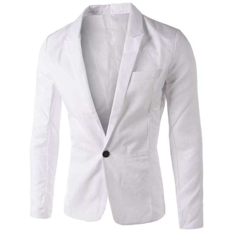 Veste de blazer décontractée à simple boutonnage bleu marine pour homme présentant un devant à simple boutonnage blanc avec un bouton noir et une texture discrète.