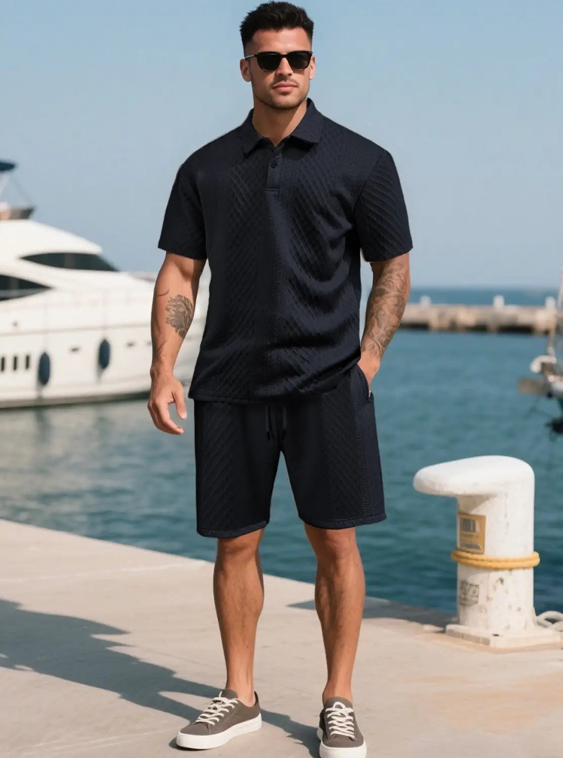 Black textured short sleeve polo shirt with a collar for men suitable for formal and casual wear